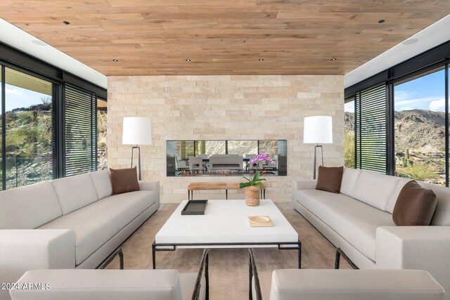 living room featuring light hardwood / wood-style floors, wood ceiling, a mountain view, and plenty of natural light