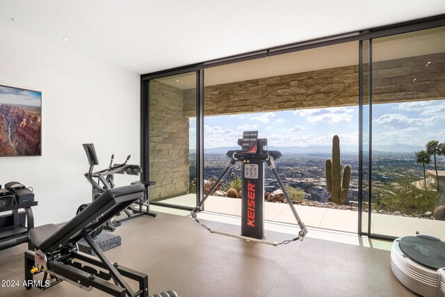 workout area featuring floor to ceiling windows and a mountain view