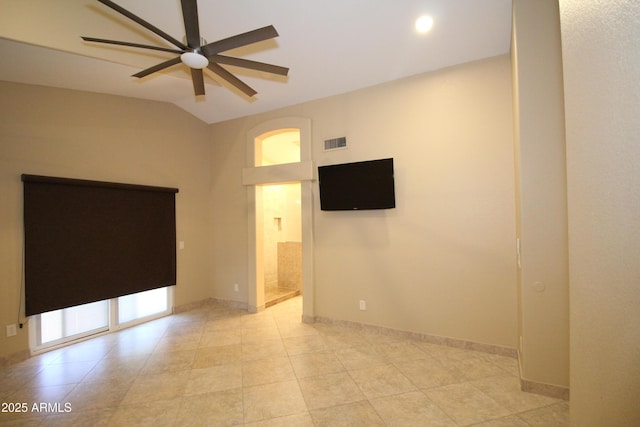 5437 W Bluefield Ave, Glendale, AZ 85308 - spare room with a ceiling fan, lofted ceiling, and light tile patterned floors