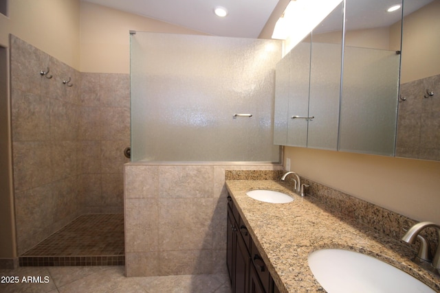 5437 W Bluefield Ave, Glendale, AZ 85308 - full bath featuring walk in shower, double vanity, vaulted ceiling, tile patterned flooring, and recessed lighting