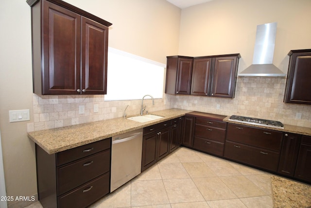 5437 W Bluefield Ave, Glendale, AZ 85308 - kitchen featuring stainless steel appliances, wall chimney range hood, decorative backsplash, light stone counters, and dark brown cabinetry