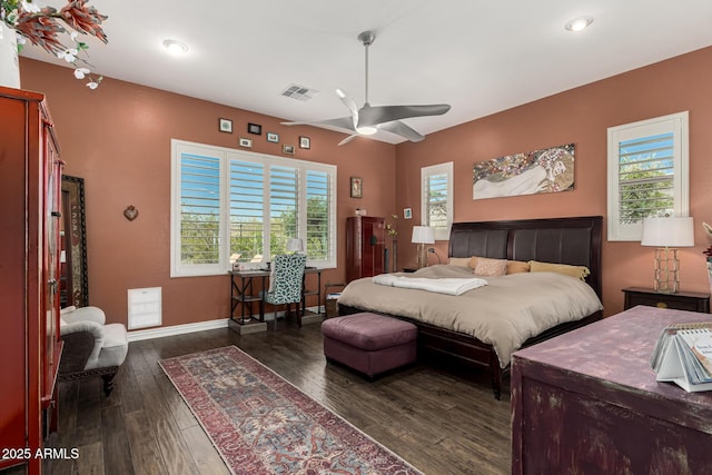 bedroom with visible vents, ceiling fan, baseboards, recessed lighting, and dark wood-style flooring