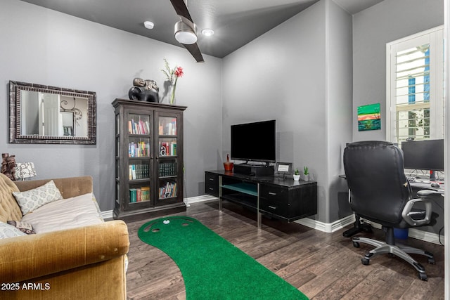 office area with baseboards and wood finished floors