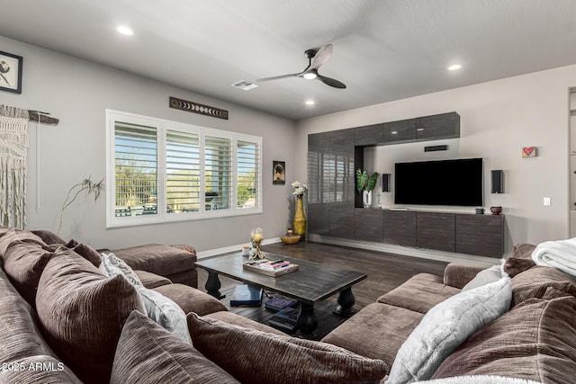 living area featuring recessed lighting, visible vents, wood finished floors, and a ceiling fan