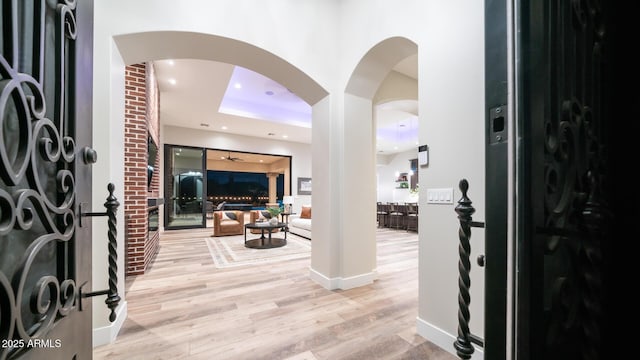 foyer featuring a raised ceiling and light hardwood / wood-style flooring