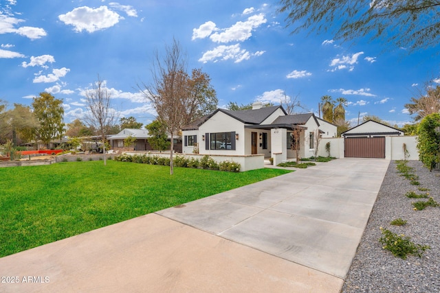 modern farmhouse with a garage and a front lawn