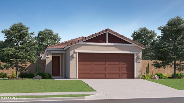 view of front facade featuring a garage and a front lawn