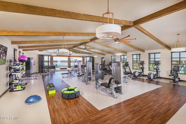 25097 N 174th Ln, Surprise, AZ 85387 - workout area featuring a ceiling fan, wood finished floors, vaulted ceiling, and a healthy amount of sunlight