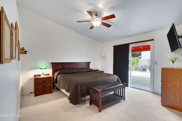 bedroom with ceiling fan, lofted ceiling, light colored carpet, and access to outside