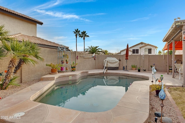 view of pool featuring a grill and a patio area