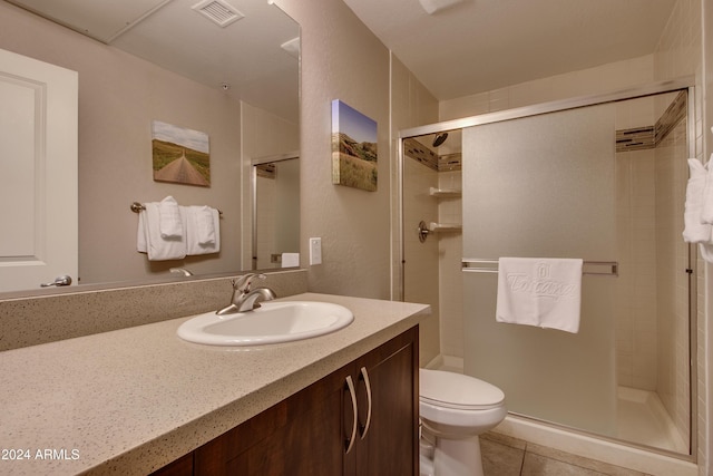 full bathroom featuring toilet, visible vents, tile patterned flooring, and a stall shower