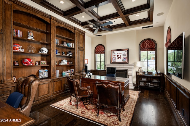 home office featuring plenty of natural light, beam ceiling, dark hardwood / wood-style flooring, and coffered ceiling