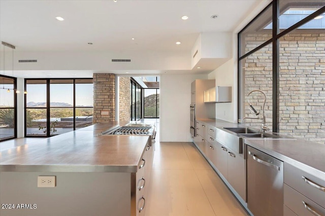 kitchen with stainless steel appliances, stainless steel counters, sink, and floor to ceiling windows