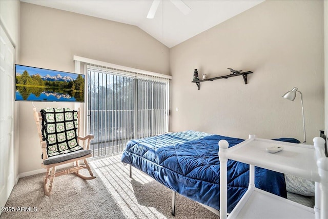 carpeted bedroom featuring ceiling fan and lofted ceiling