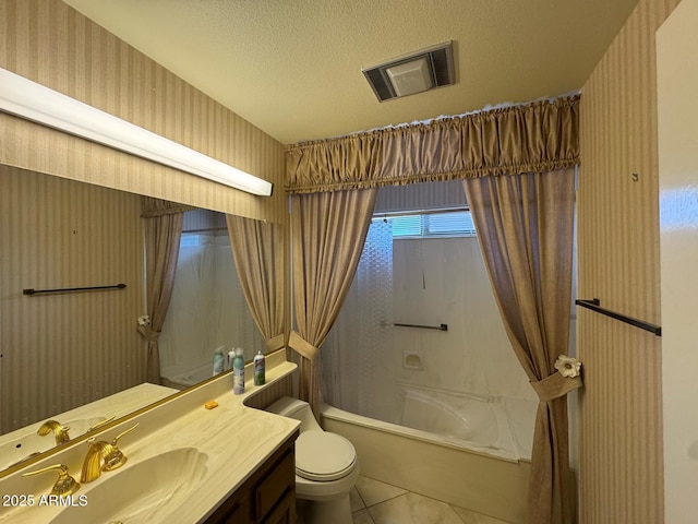 full bath with visible vents, tile patterned flooring, vanity, toilet, and bathing tub / shower combination