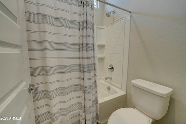 full bath with toilet and shower / bath combination with curtain
