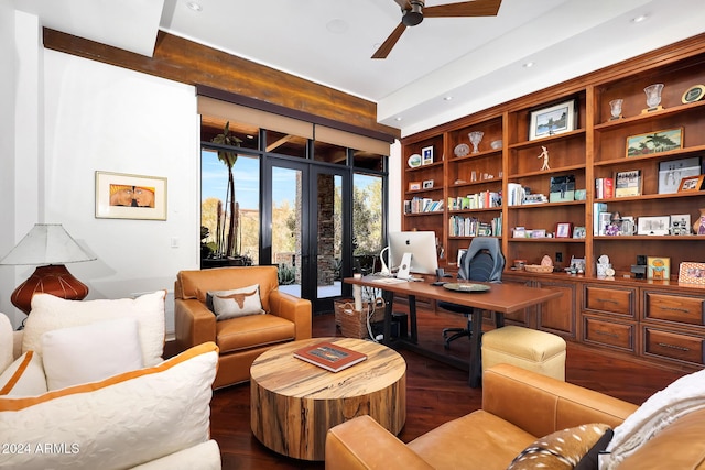 office space with dark hardwood / wood-style flooring, french doors, and ceiling fan