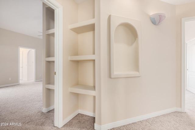 interior space featuring carpet floors and built in shelves