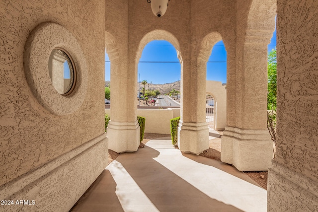 view of patio with a mountain view