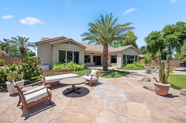 422 E Kaibab Pl, Chandler, AZ 85249 - back of property featuring a patio, stucco siding, a ceiling fan, and a tiled roof