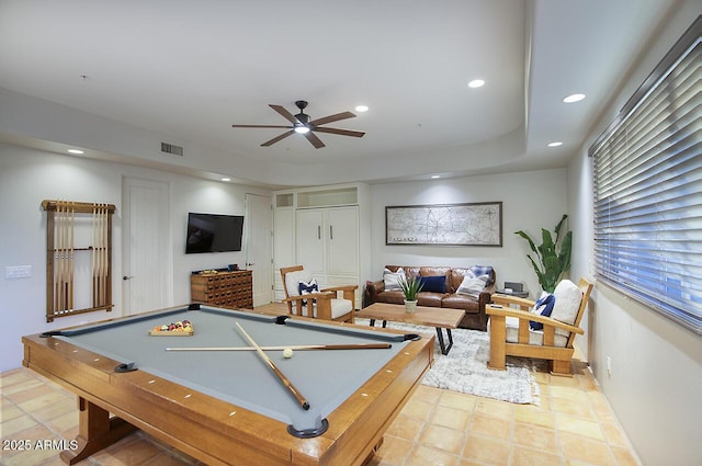 recreation room with a ceiling fan, recessed lighting, visible vents, and billiards