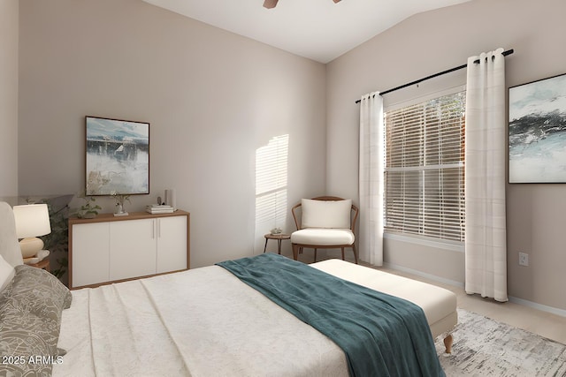 bedroom with multiple windows, vaulted ceiling, and ceiling fan