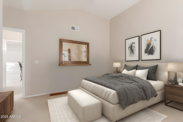 carpeted bedroom featuring vaulted ceiling