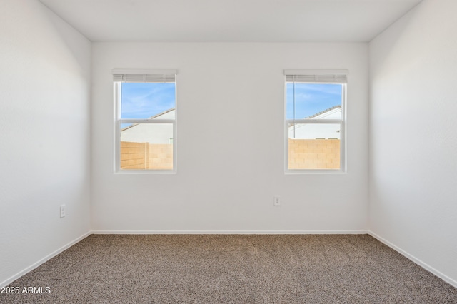 unfurnished room featuring plenty of natural light, baseboards, and carpet floors