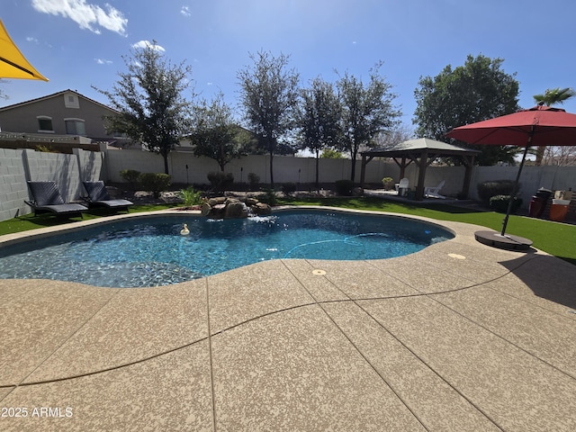 view of pool featuring a gazebo, a fenced in pool, a fenced backyard, and a patio area