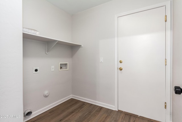 clothes washing area featuring washer hookup, electric dryer hookup, baseboards, dark wood-type flooring, and laundry area