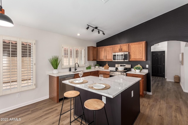kitchen with a sink, vaulted ceiling, arched walkways, appliances with stainless steel finishes, and wood finished floors