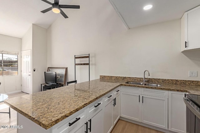 kitchen featuring sink, stone countertops, white cabinets, and kitchen peninsula