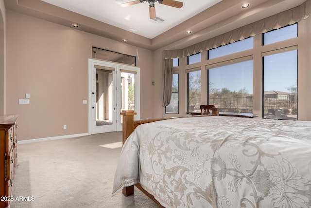 carpeted bedroom featuring baseboards, visible vents, a ceiling fan, access to exterior, and recessed lighting