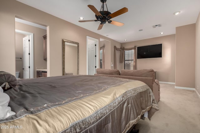 bedroom with light colored carpet, visible vents, baseboards, and recessed lighting