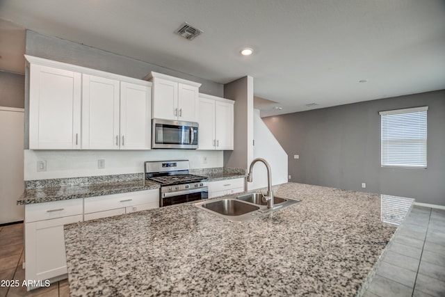 kitchen featuring sink, a center island with sink, white cabinets, and appliances with stainless steel finishes