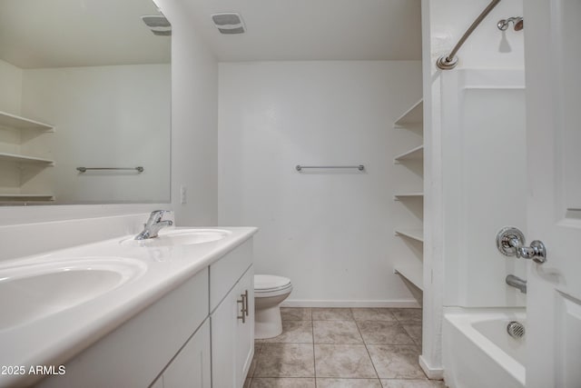 full bathroom with vanity, toilet, shower / bath combination, and tile patterned flooring