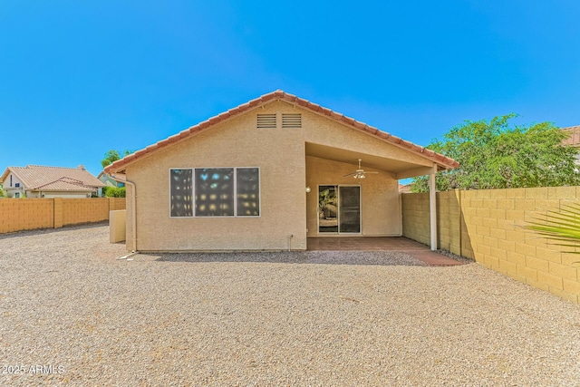 1048 N Arroya, Mesa, AZ 85205 - back of house featuring stucco siding, a fenced backyard, a patio, and a ceiling fan