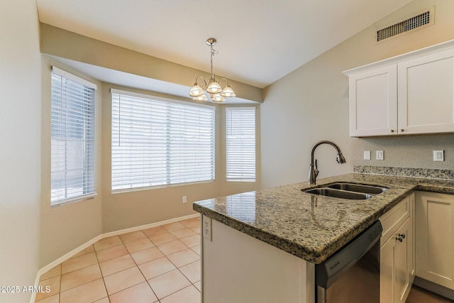 1048 N Arroya, Mesa, AZ 85205 - kitchen with stainless steel dishwasher, a peninsula, a chandelier, hanging light fixtures, and white cabinetry