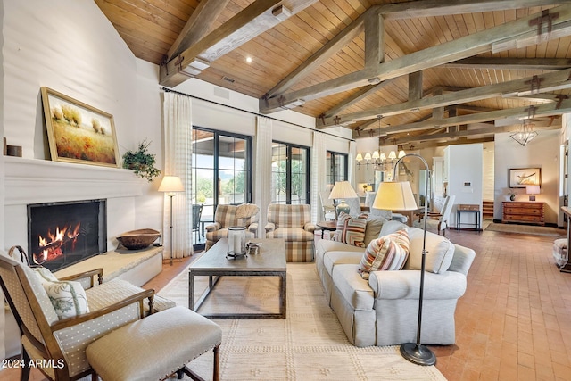 living room featuring beamed ceiling, high vaulted ceiling, and wooden ceiling