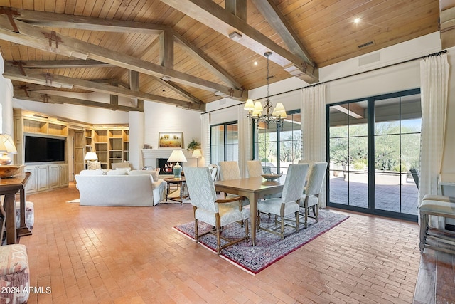 dining space with beamed ceiling, a chandelier, wooden ceiling, a fireplace, and high vaulted ceiling