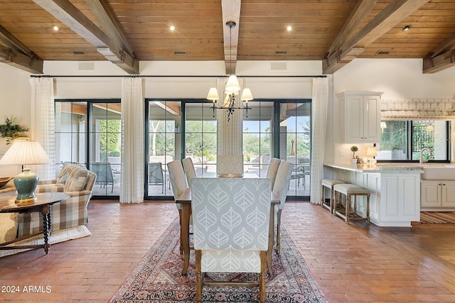 dining area with wood ceiling and a healthy amount of sunlight