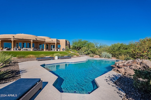 view of pool with a yard and a patio area