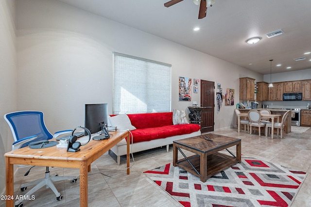 living room featuring ceiling fan