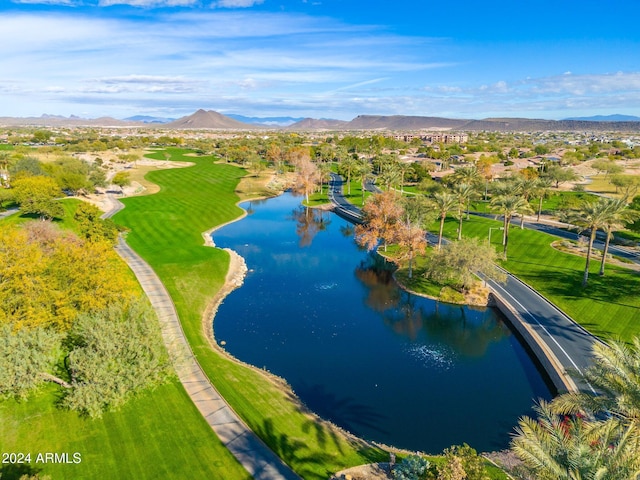 bird's eye view featuring a water and mountain view