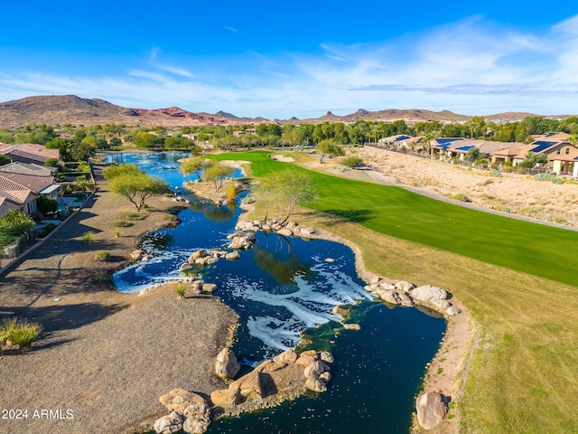 bird's eye view featuring a water and mountain view