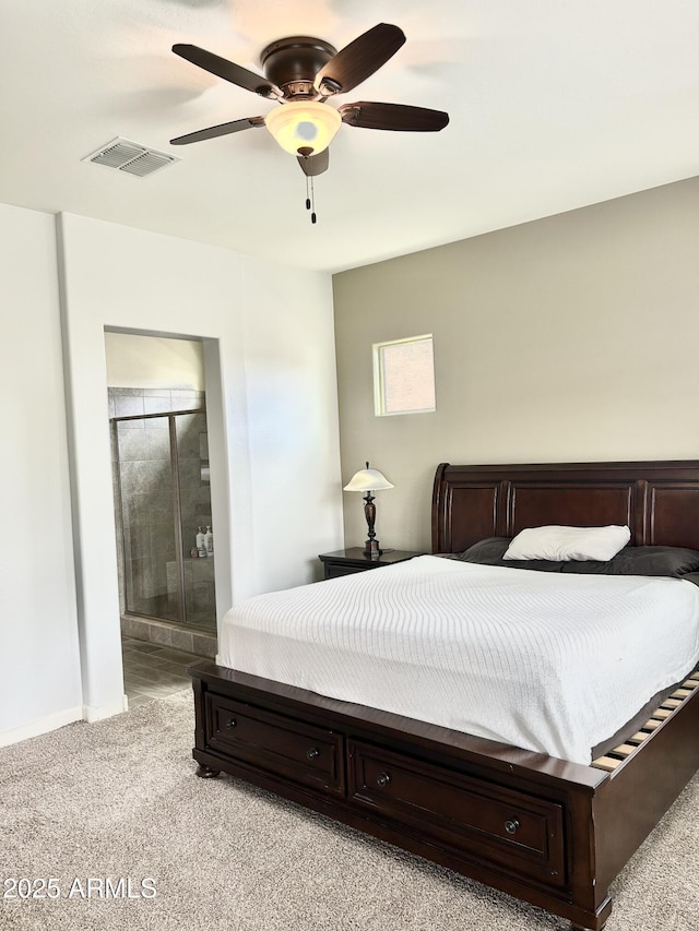 4956 S Leisure Way, Gilbert, AZ 85298 - bedroom featuring light colored carpet, ensuite bathroom, ceiling fan, and baseboards