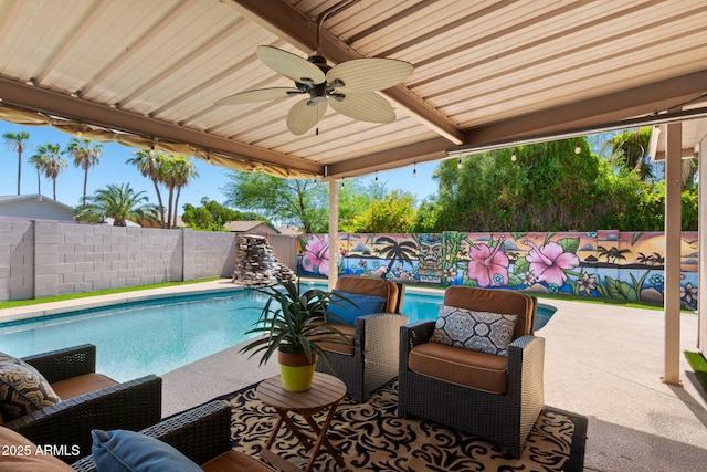 2804 N Nebraska St, Chandler, AZ 85225 - view of pool with a fenced backyard, ceiling fan, and a patio area