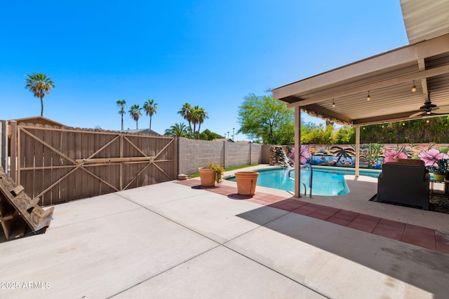 2804 N Nebraska St, Chandler, AZ 85225 - view of pool featuring a patio area, a fenced backyard, a ceiling fan, and a gate