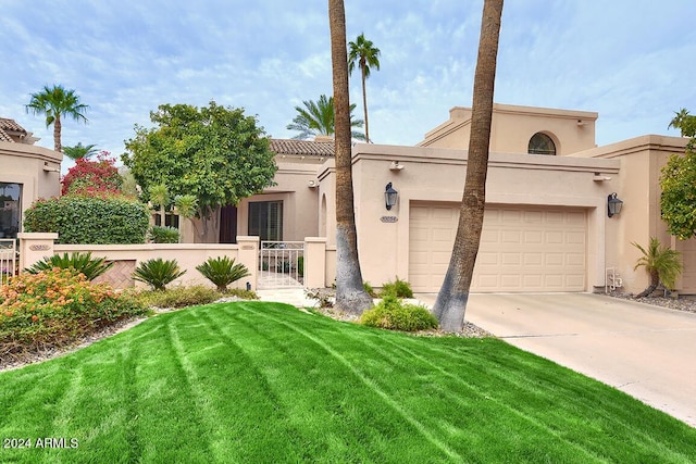 view of front of house featuring a garage and a front lawn