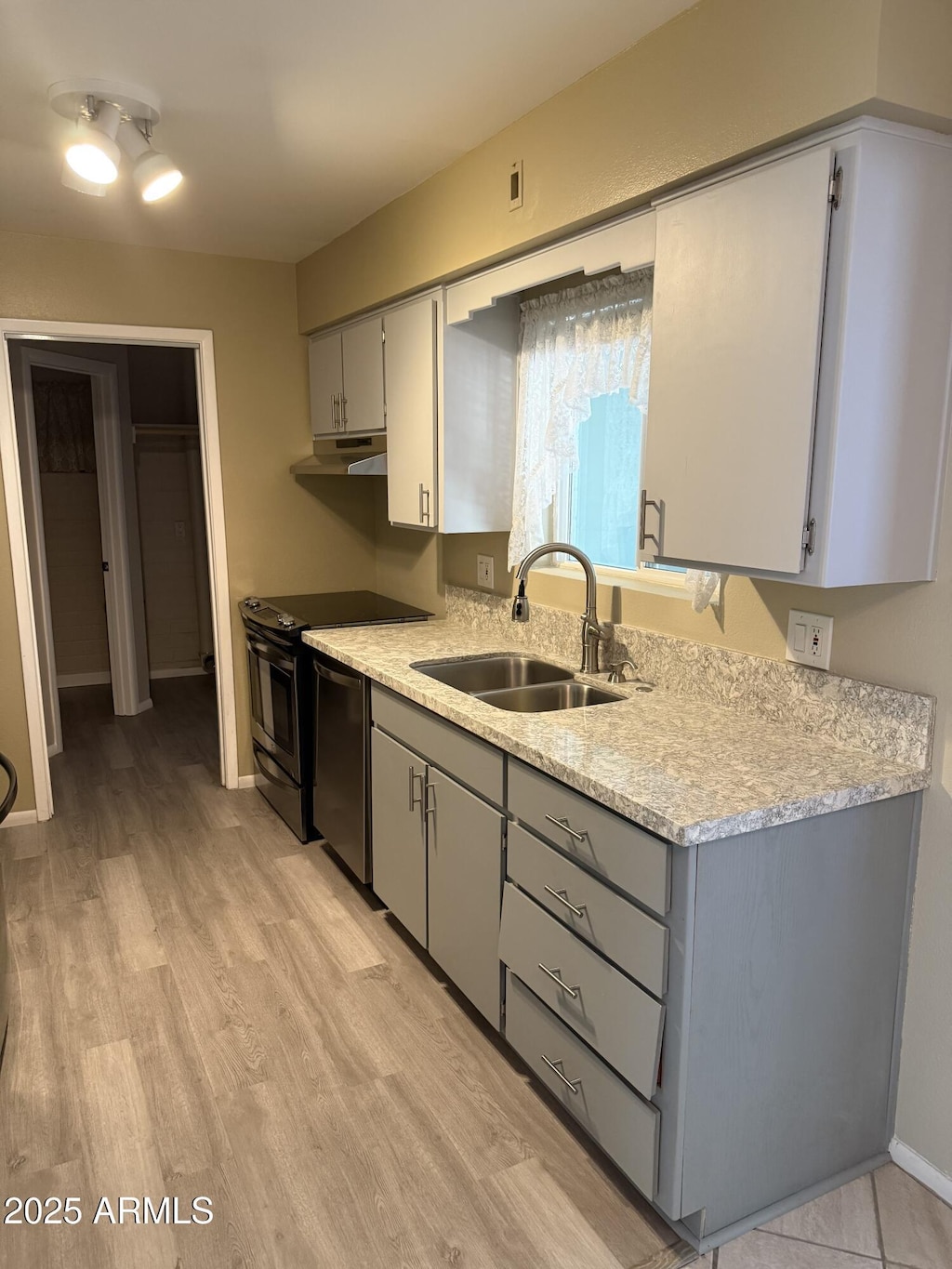 6048 E Des Moines St, Mesa, AZ 85205 - kitchen featuring under cabinet range hood, stainless steel appliances, gray cabinetry, light countertops, and light wood-type flooring